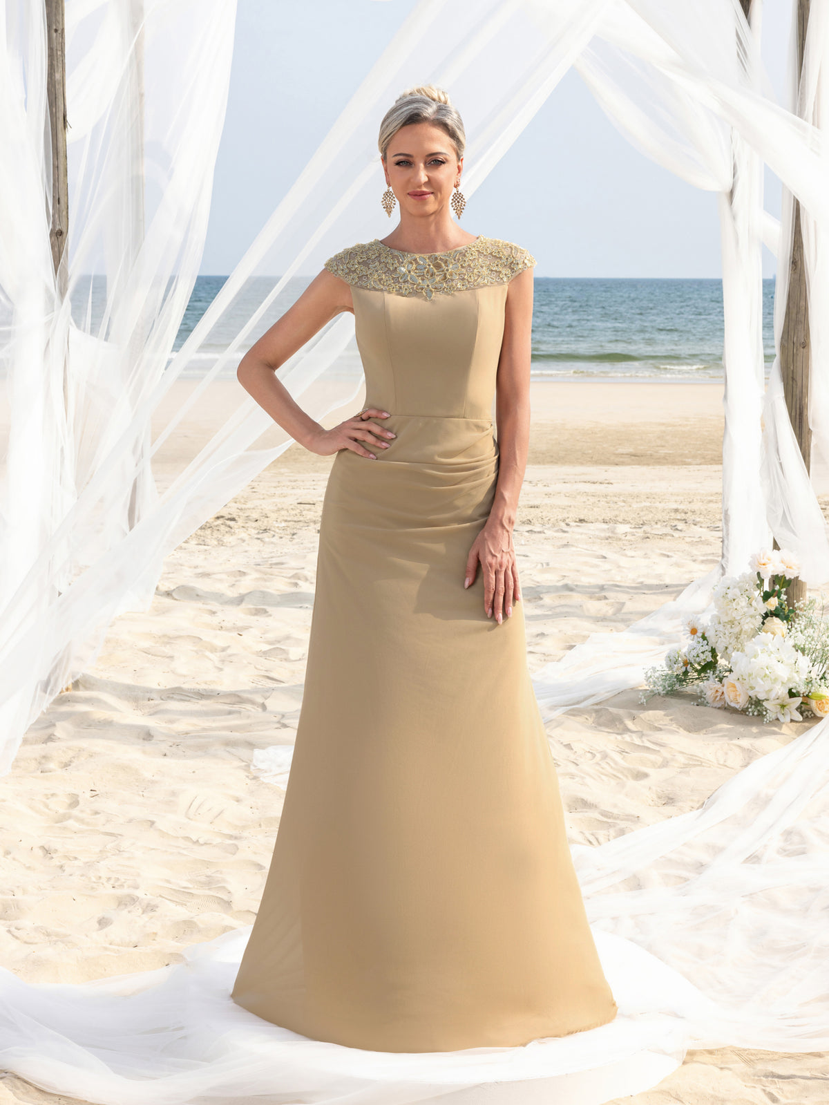 Womens' Elegant Sleeveless Chiffon Floor-Length Gown with Beaded Sequin Neckline – Perfect for Weddings, Evening Events, Coastal Celebrations, and Red-Carpet Occasions