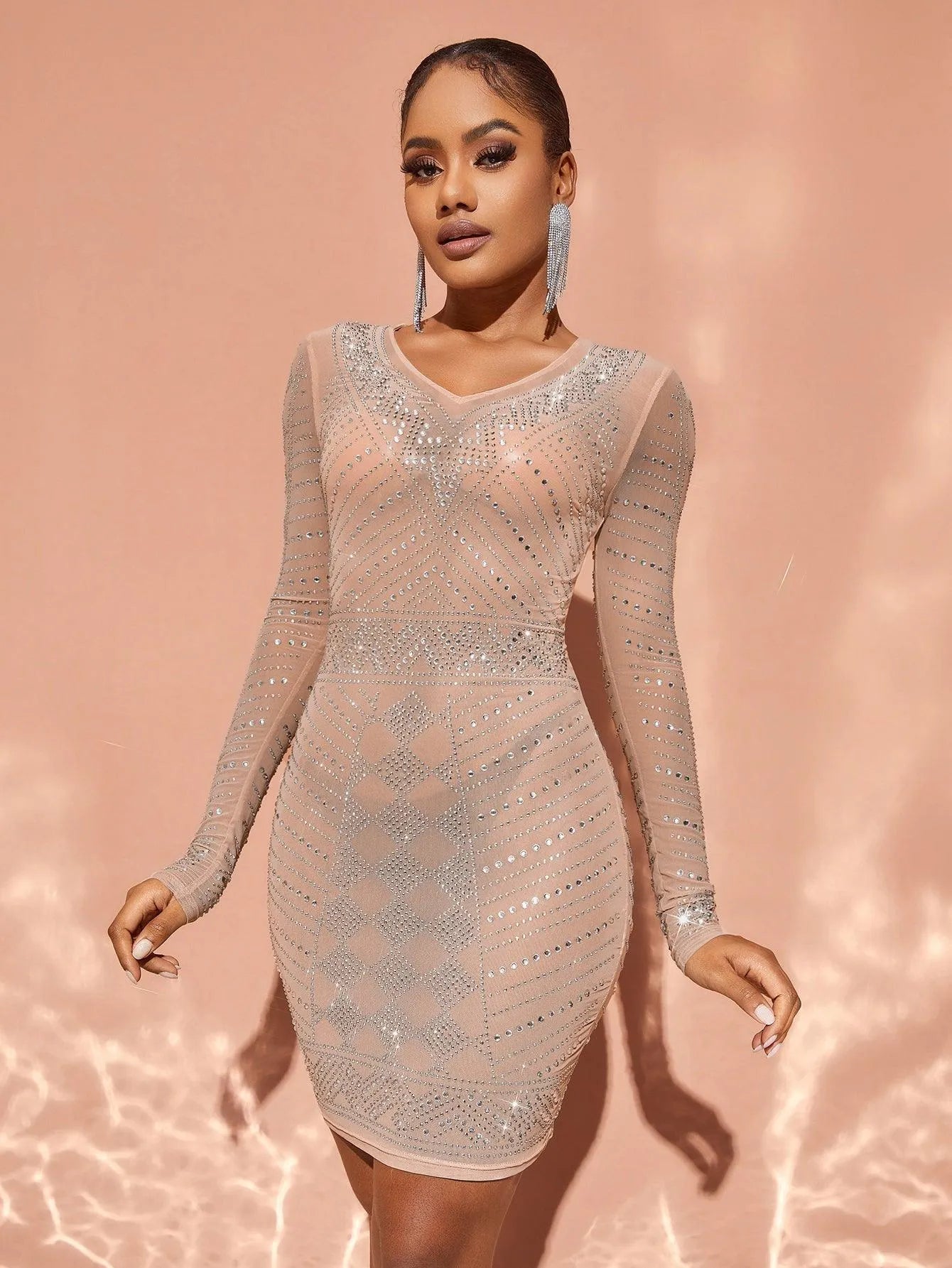 Chic Rhinestone Detail Sheer Mesh Mini Dress