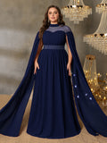 Plus Dramatic Cape Evening Dress | High Neck Chiffon with Rhinestone Details