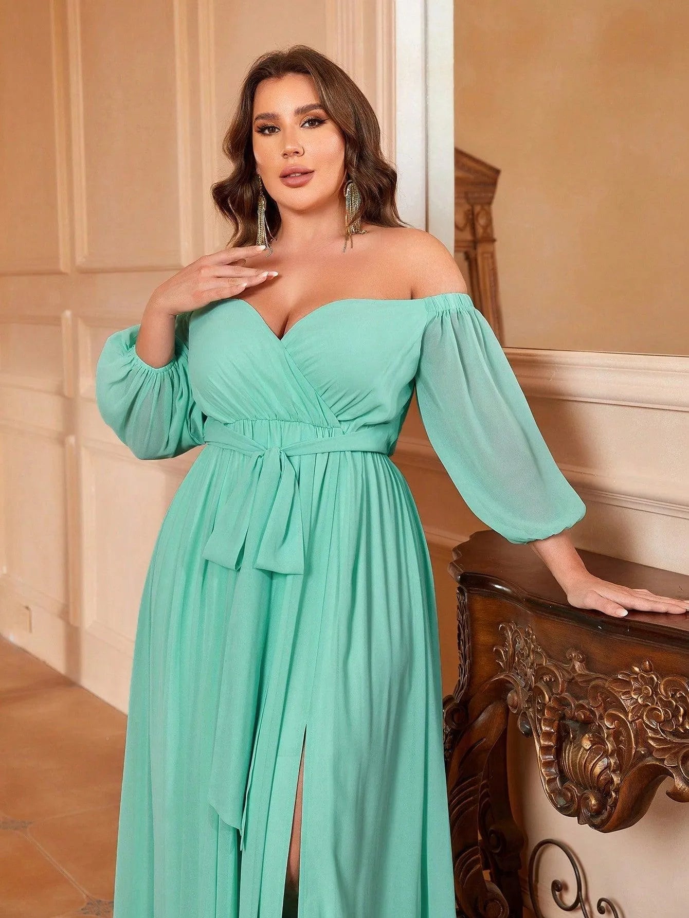 Plus Off Shoulder Split Thigh Belted Chiffon A Line Dress