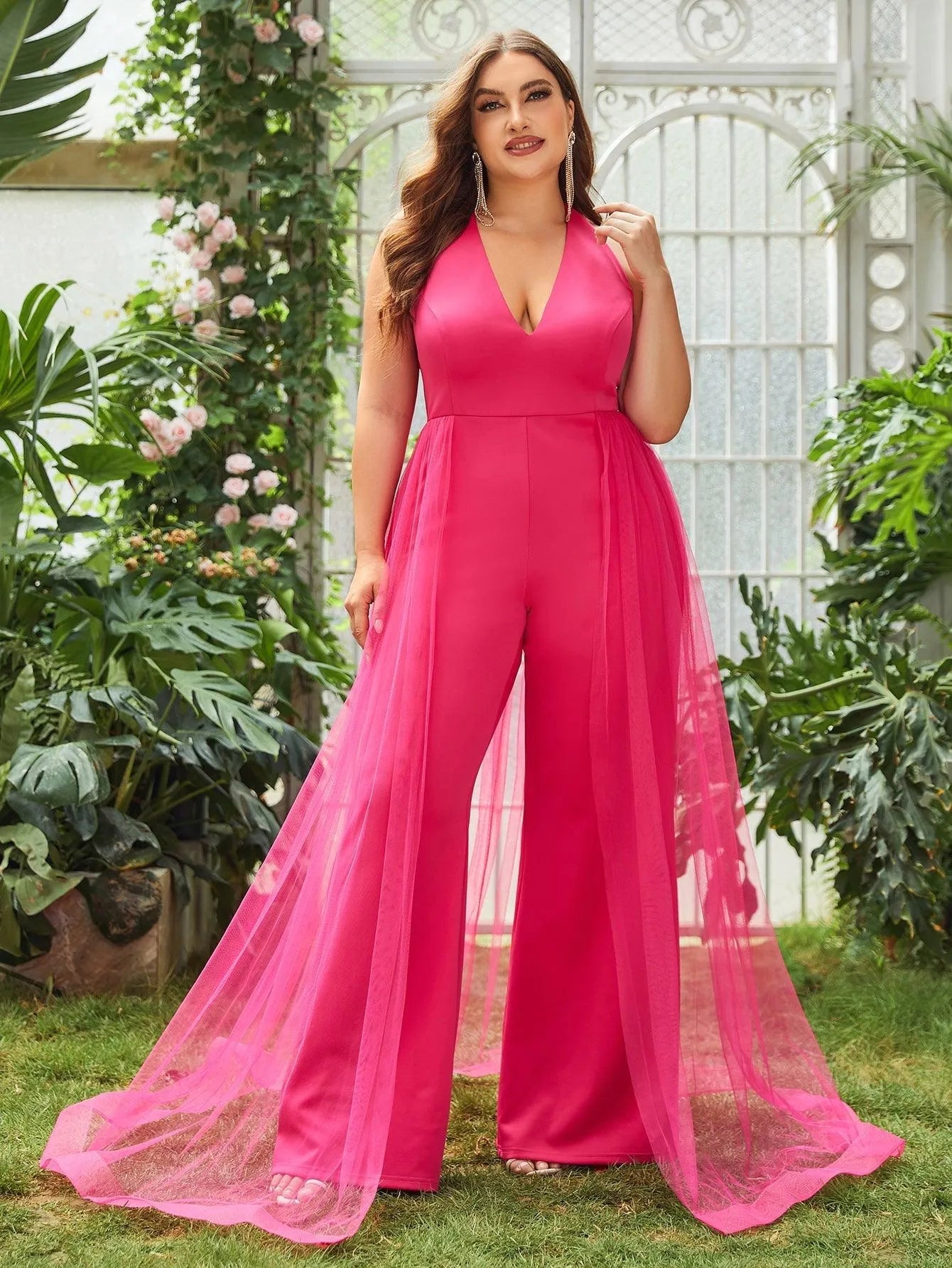 Plus Halter Neck Mesh Overlay Wide Leg Jumpsuits