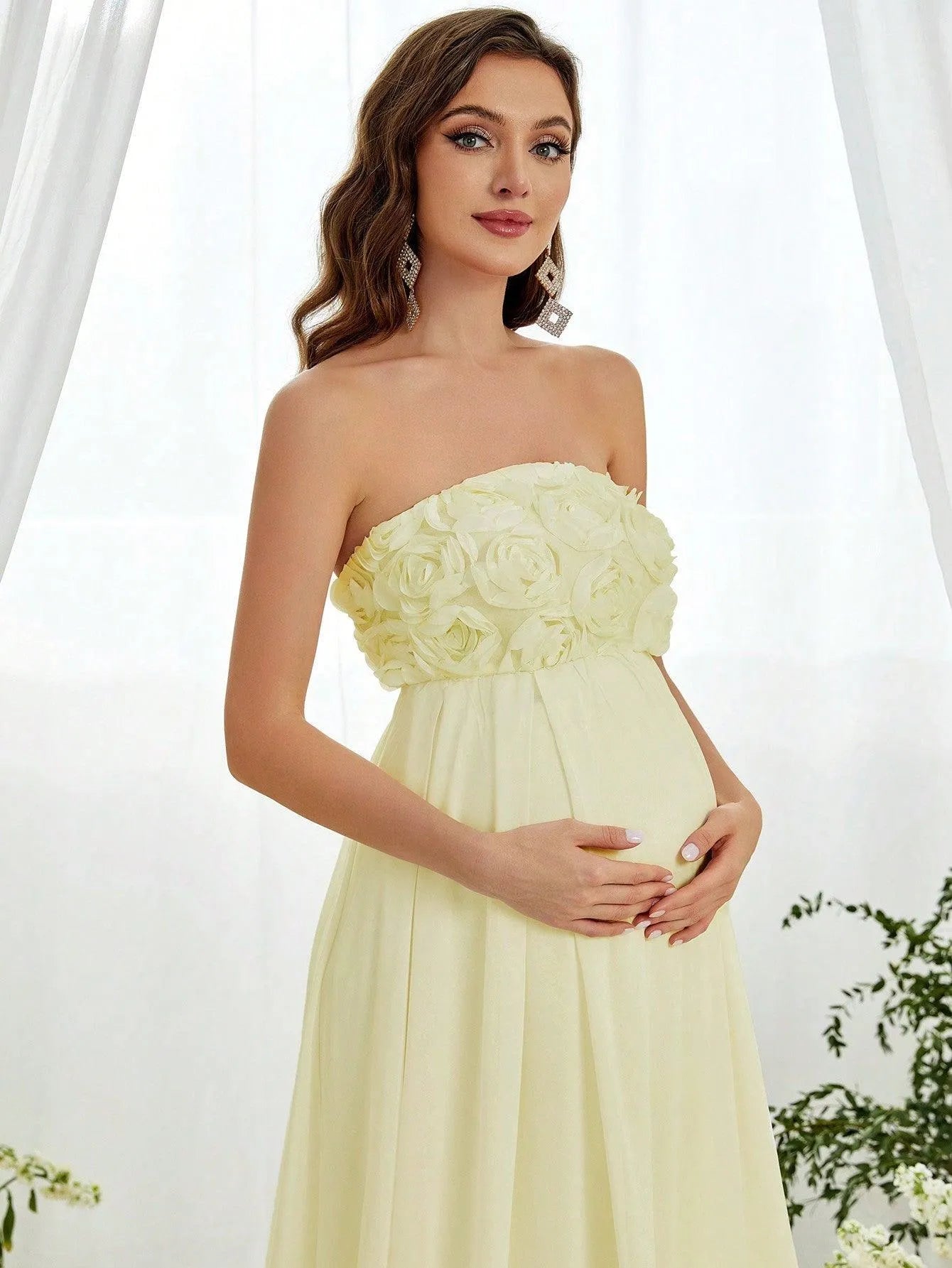 Maternity Floral Applique Tube Chiffon Dress