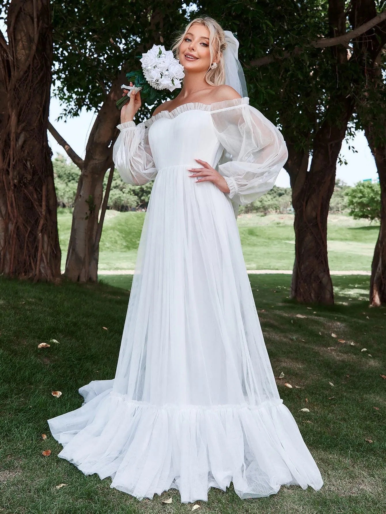 Off Shoulder Lantern Sleeve Mesh Wedding Dress