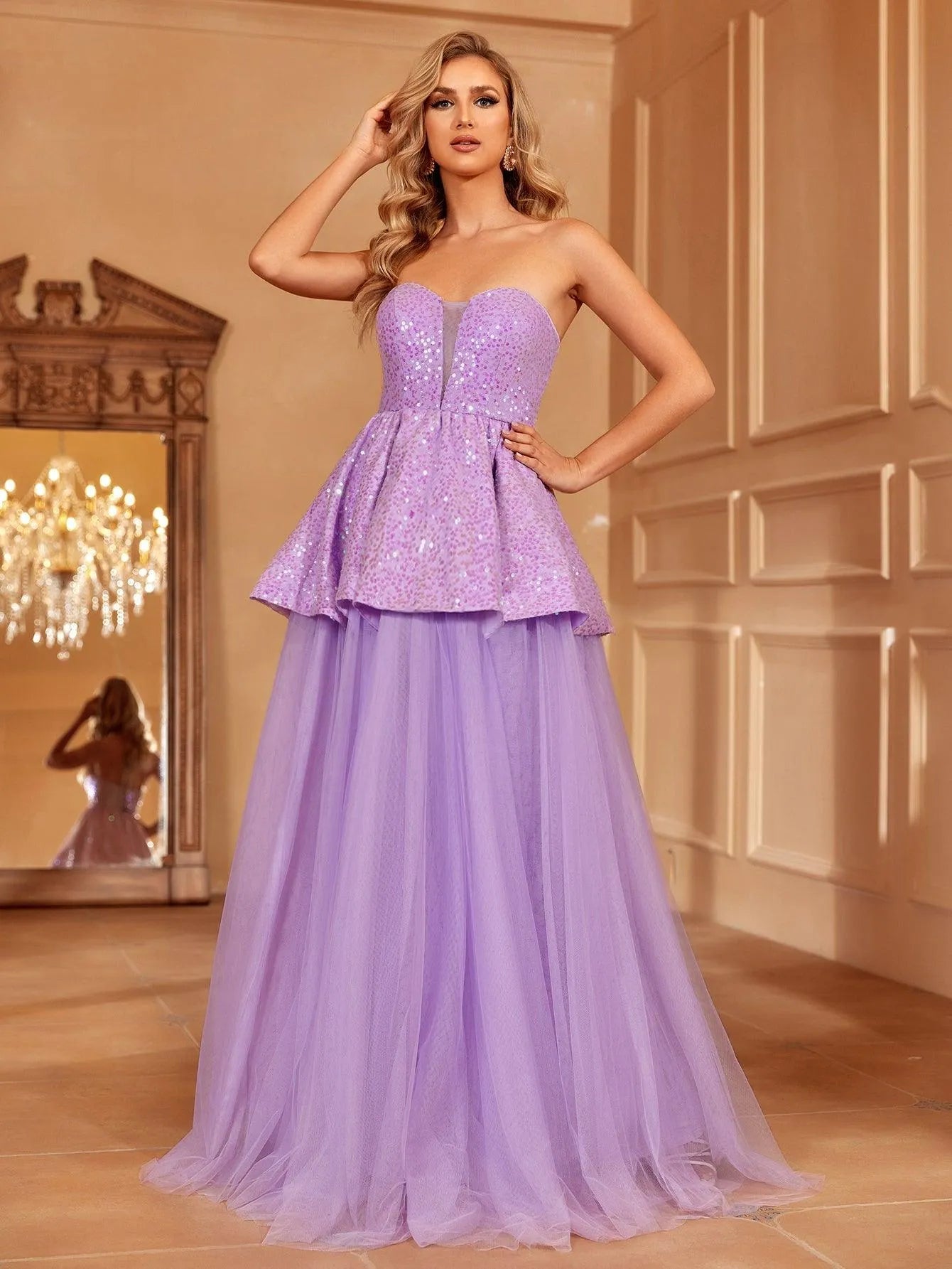 Sequin Bodice Contrast Mesh Hem Tube Prom Dress