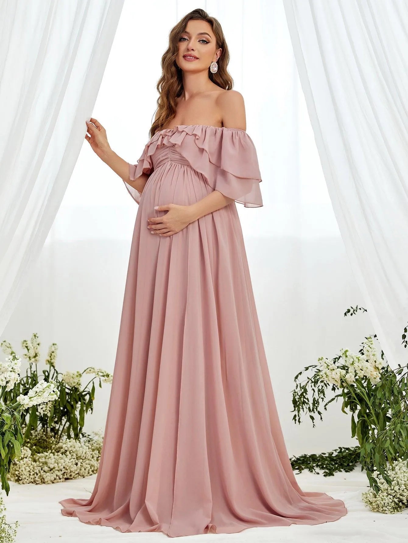 Maternity Off Shoulder Ruched Bust Layered Sleeves Chiffon Dress