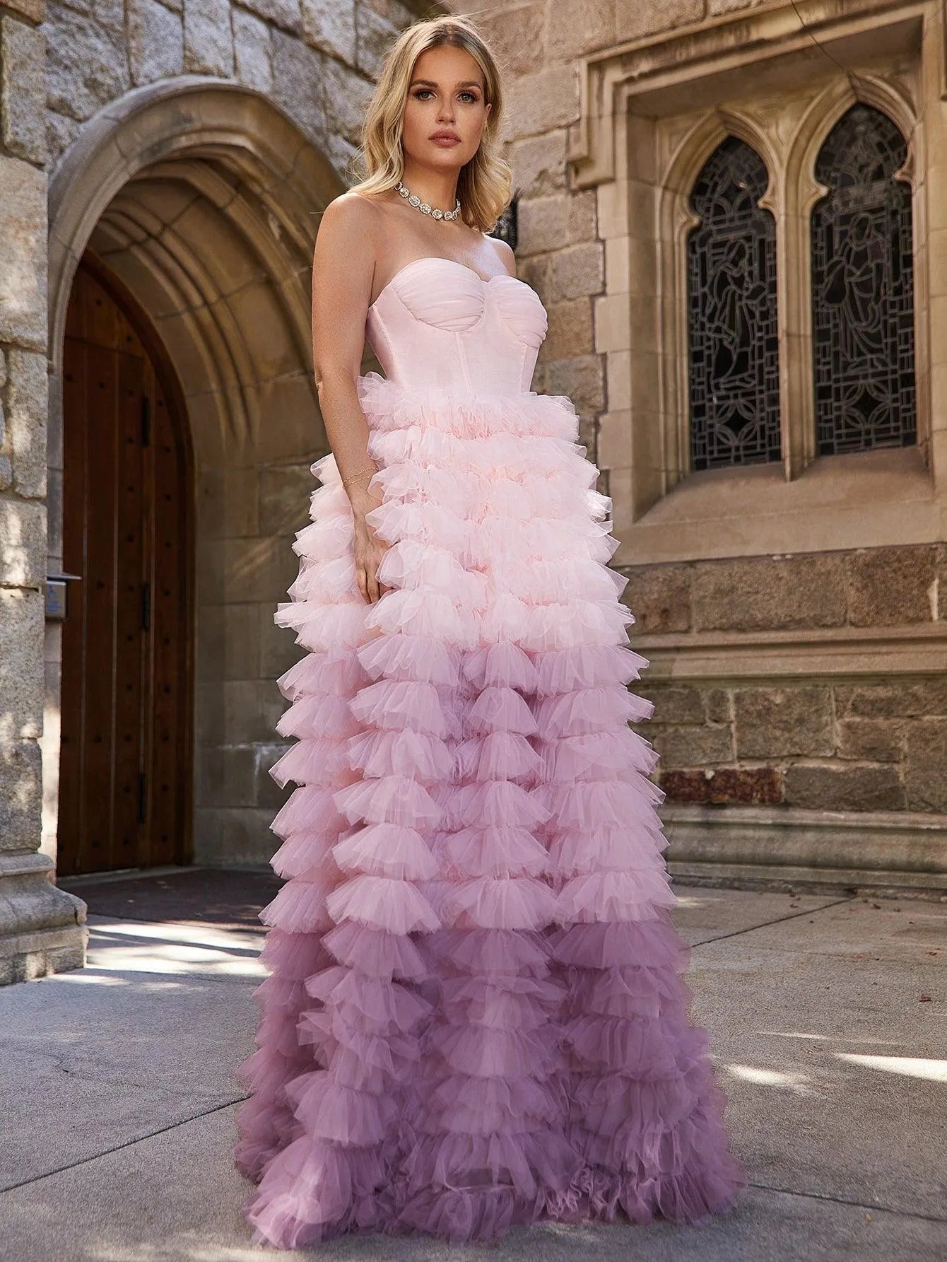 Ruched Bustier Ombre Layered Mesh Hem Wedding Dress - Elonnashop