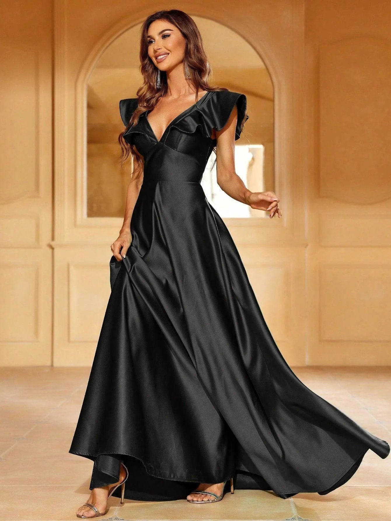 Elegant Ruffle Trim Plunging Neck Satin Formal Dress