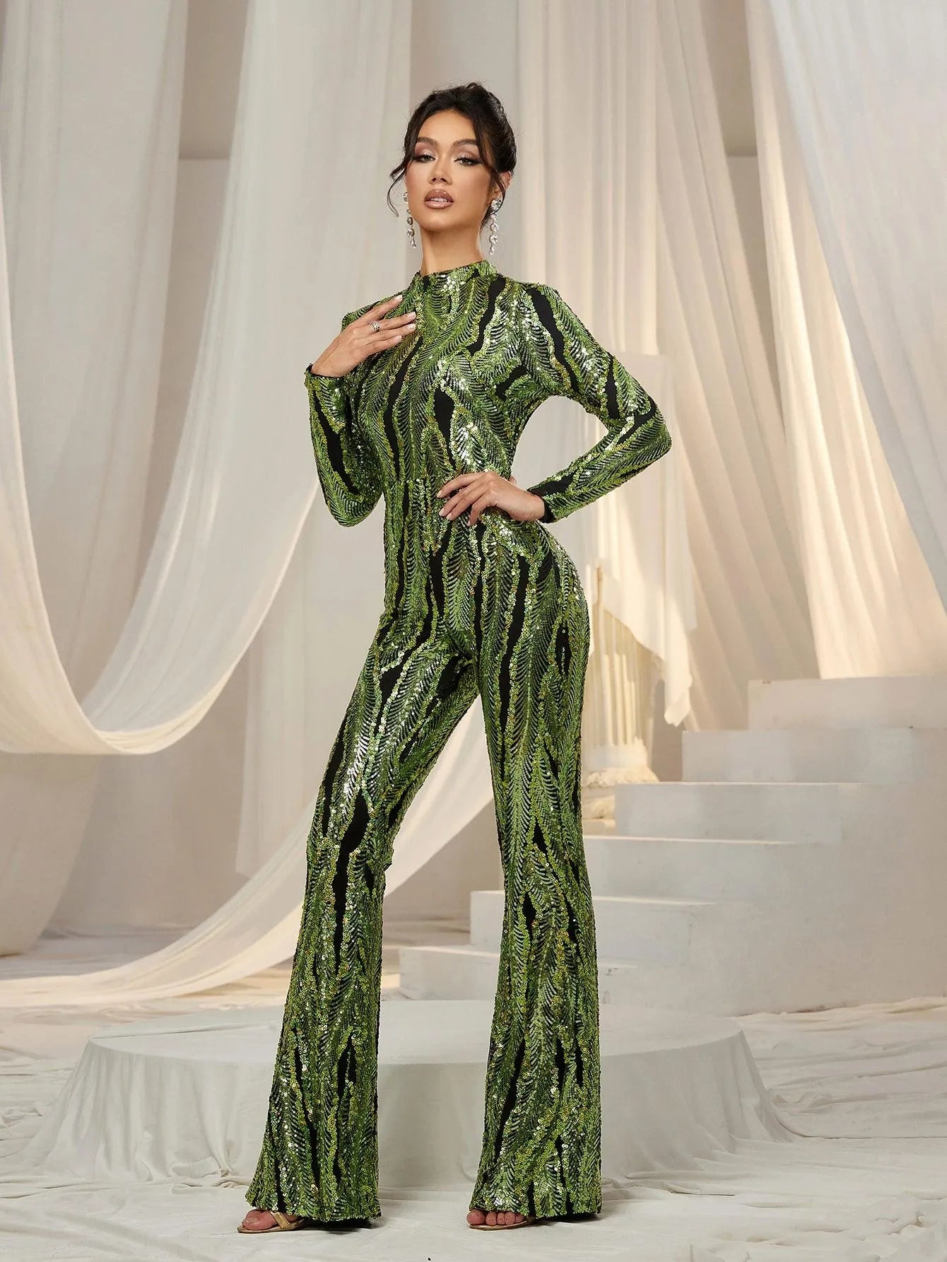 Elegant Mock Neck Long Sleeves Graphic Sequin Jumpsuit