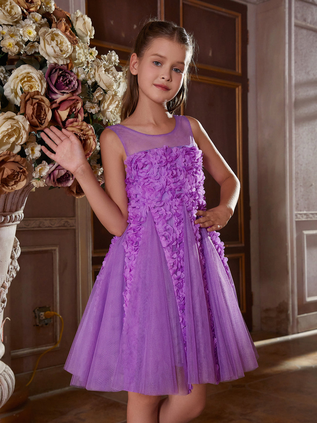 Girl's Applique Decor Puff Sleeve Sequin A Line Dress