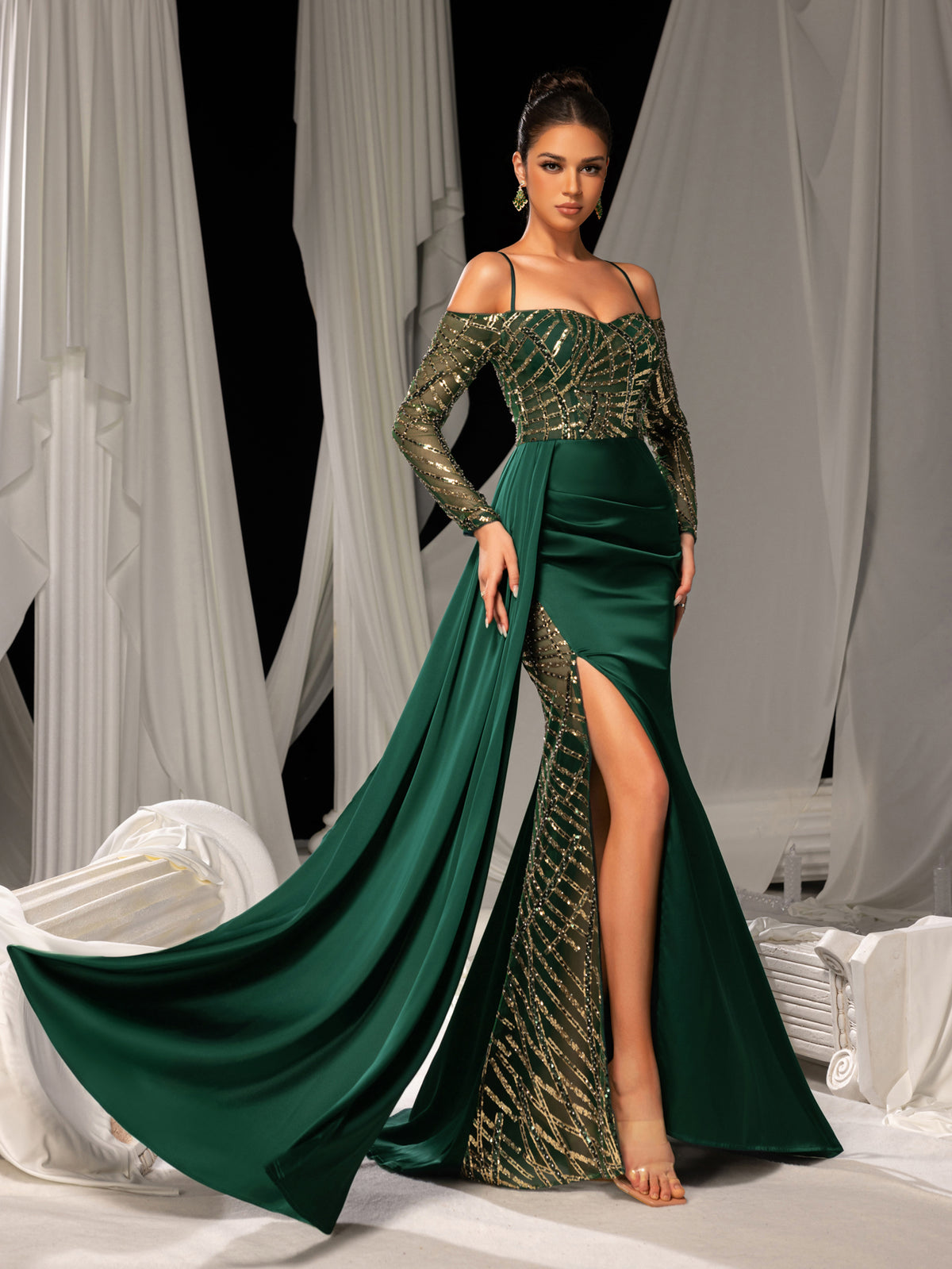 Elegant Evening Gown with Golden Sequin Access – Off-Shoulder Design & High Slit for Luxury Brand Launches or Editorial Fashion Photography, XS-L