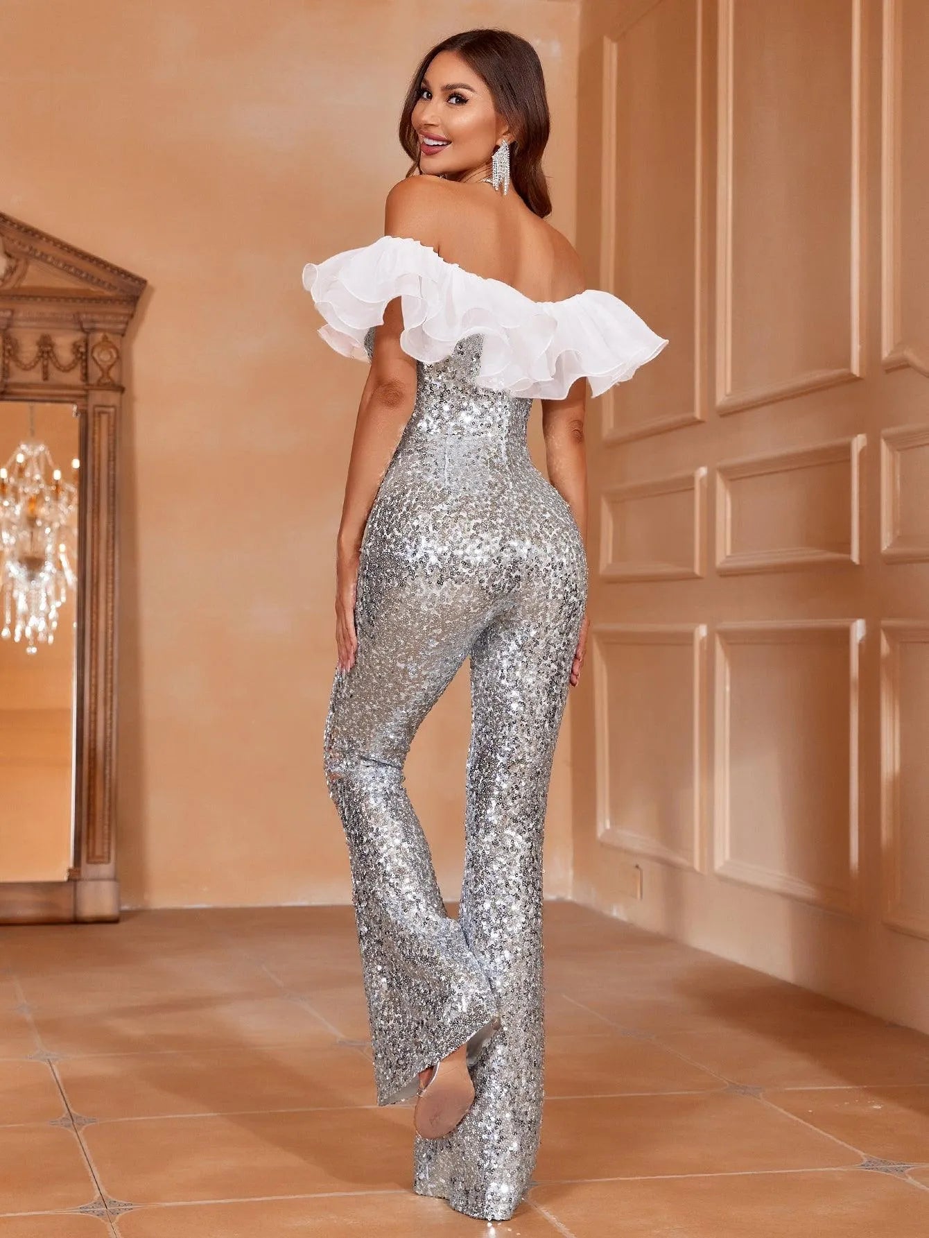 Ruffle Trim Off Shoulder Sequin Party Jumpsuit