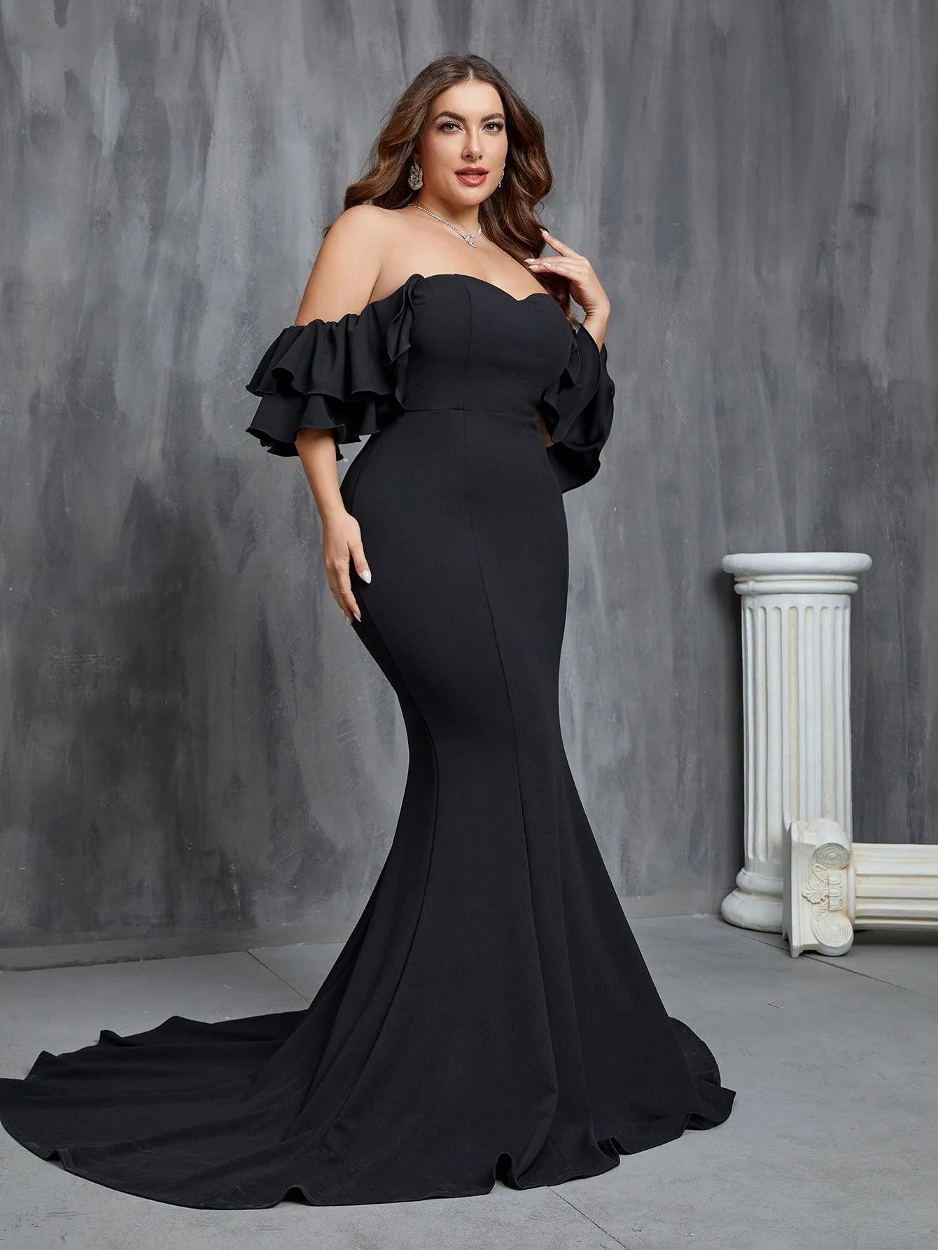 Plus Off Shoulder Ruffle Sleeve Mermaid Wedding Dress