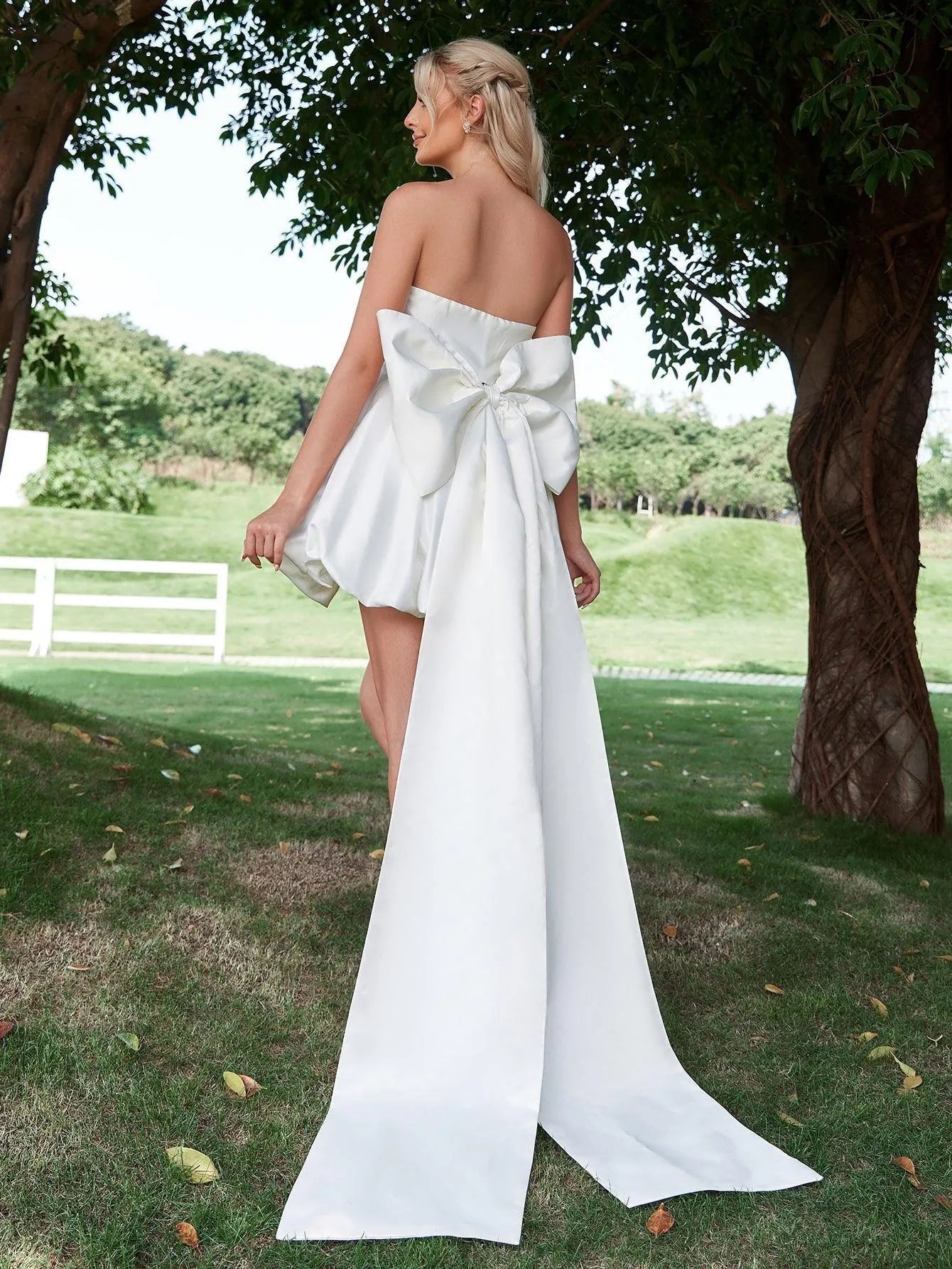 Balloon Hem Satin Tube Wedding Dress With Big Bow