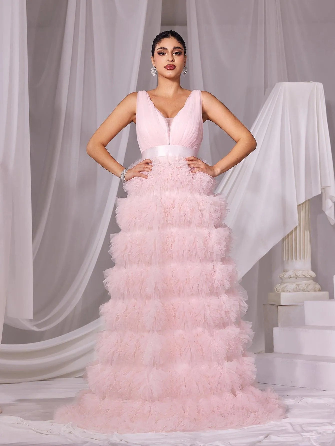 Plunging Neck Ruffle Layered Hem Cake Prom Dress