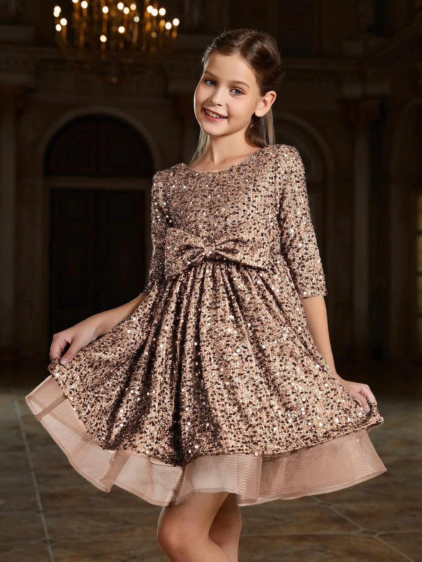 Tween Girls' Bow Detail 3/4 Sleeve Sequin Party Dress