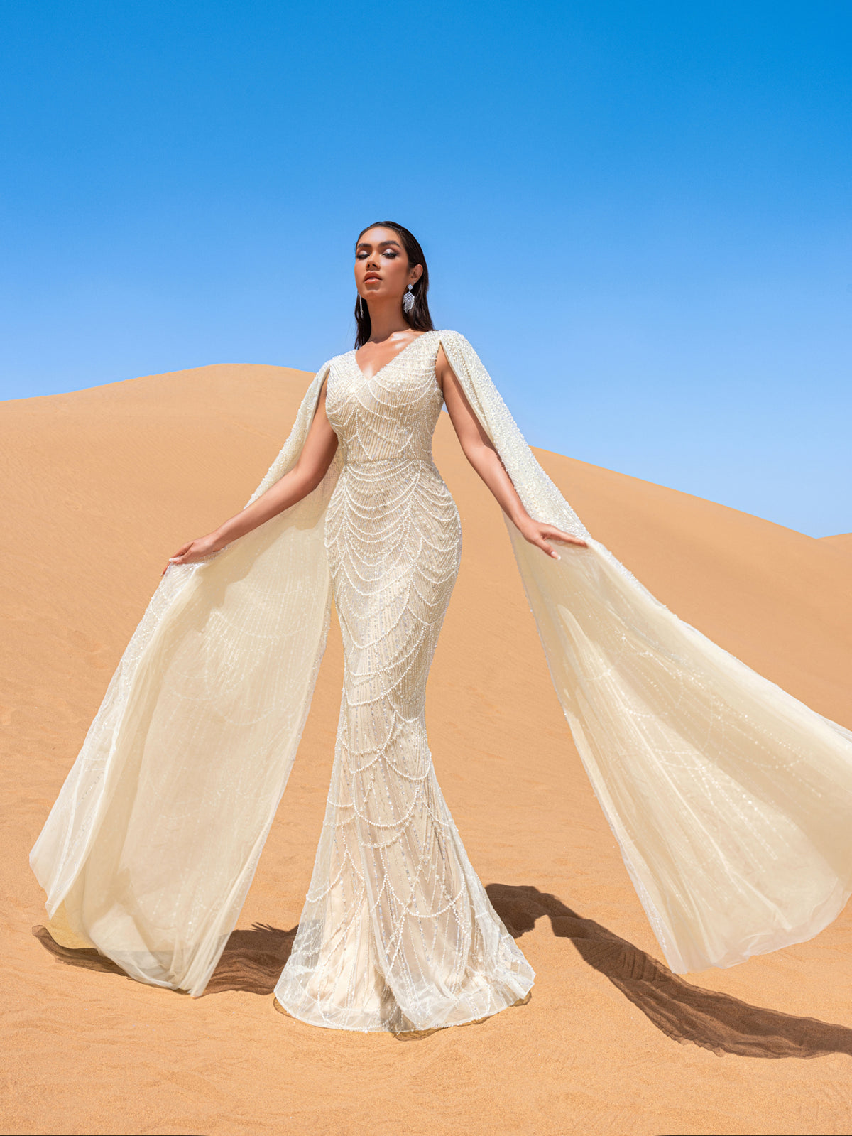 Gorgeous Beaded Sequin Mermaid Gown with Cape Sleeves – Elegant Evening Dress for Weddings, Red Carpet Galas & Opera Nights