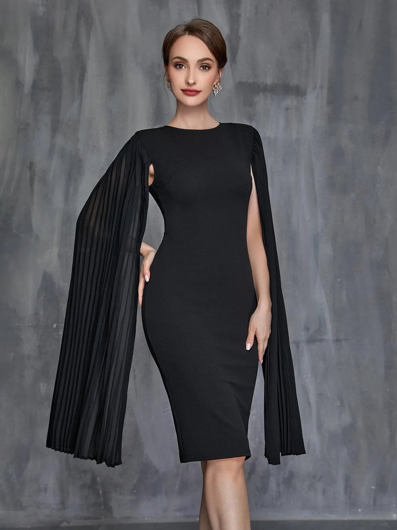 Womens' Pleated Cloak Sleeves Midi Dress