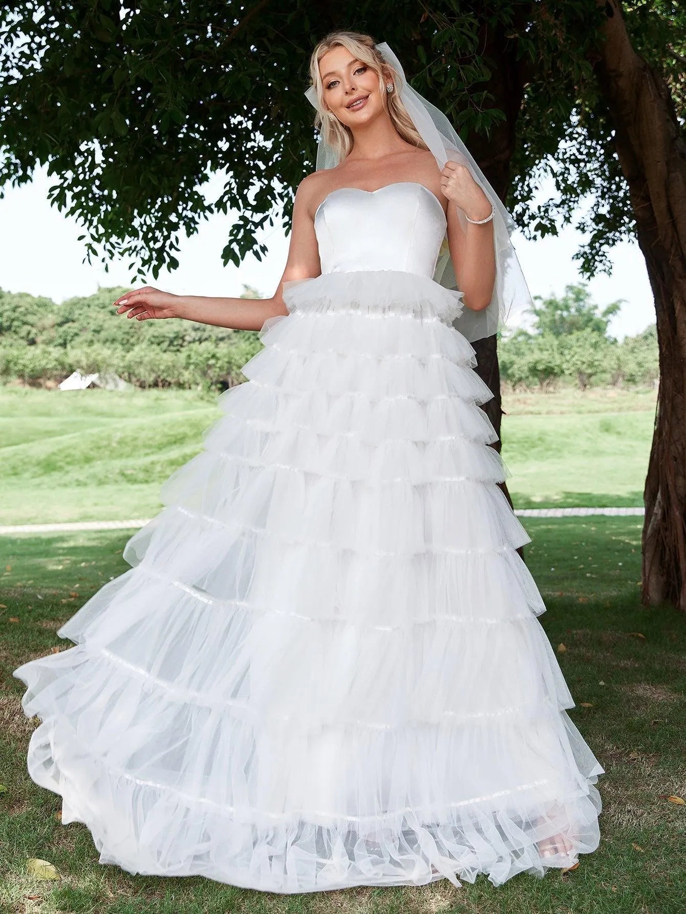 Satin Bodice Contrast Layered Tulle Hem Wedding Dress