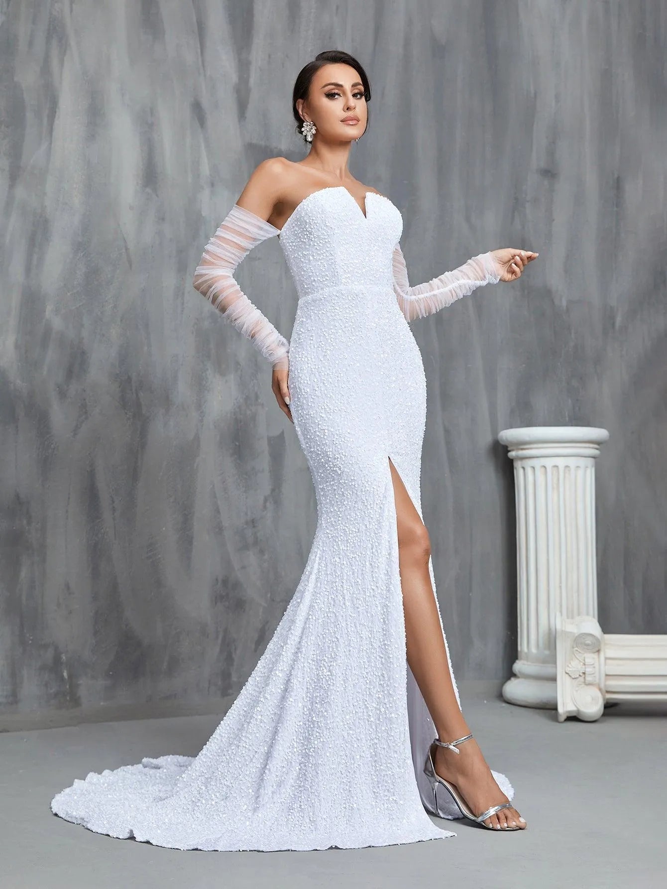 Mermaid Hem Split Sequin Tube Wedding Dress