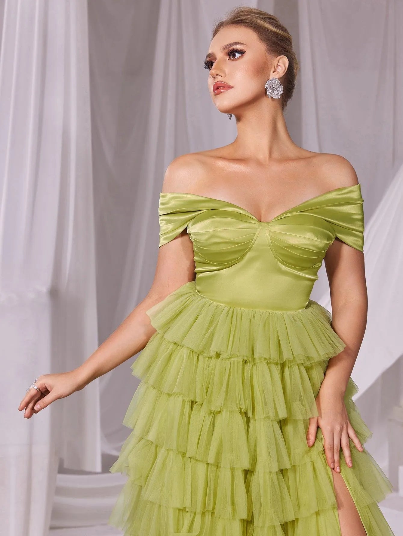 Off Shoulder Short Sleeves Mesh Cake Prom Dress