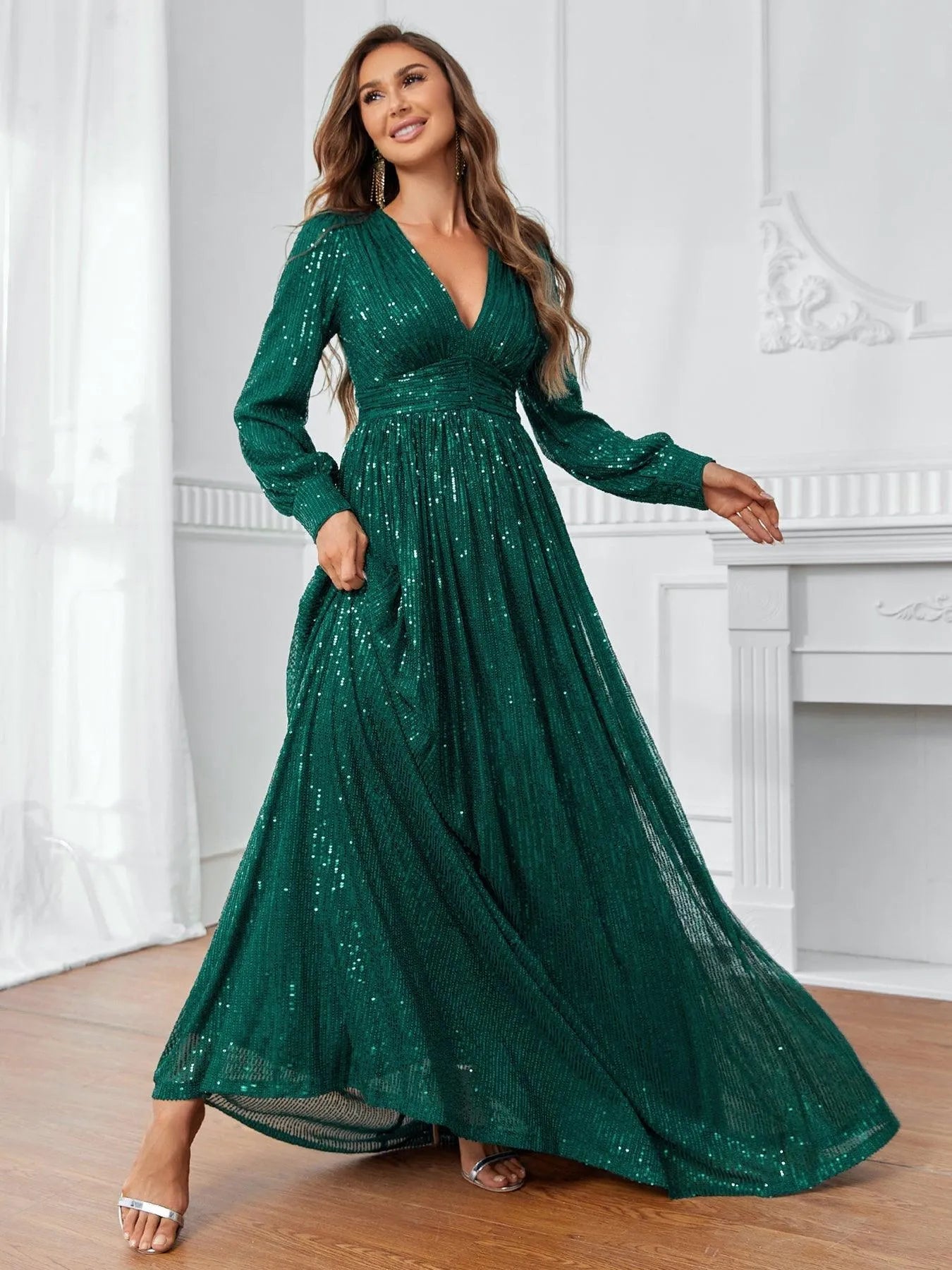 Elegant V Neck Lantern Sleeve Sequin Formal Dresses