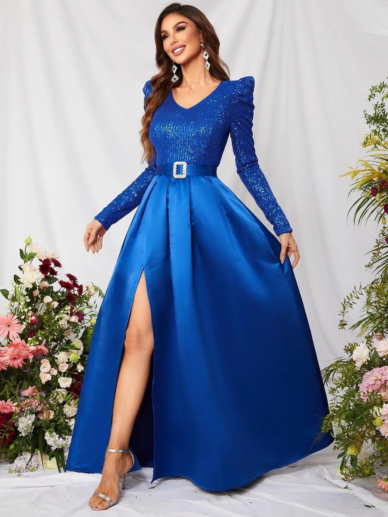 Elegant V Neck Gigot Sleeve Slit A Line Prom Dress