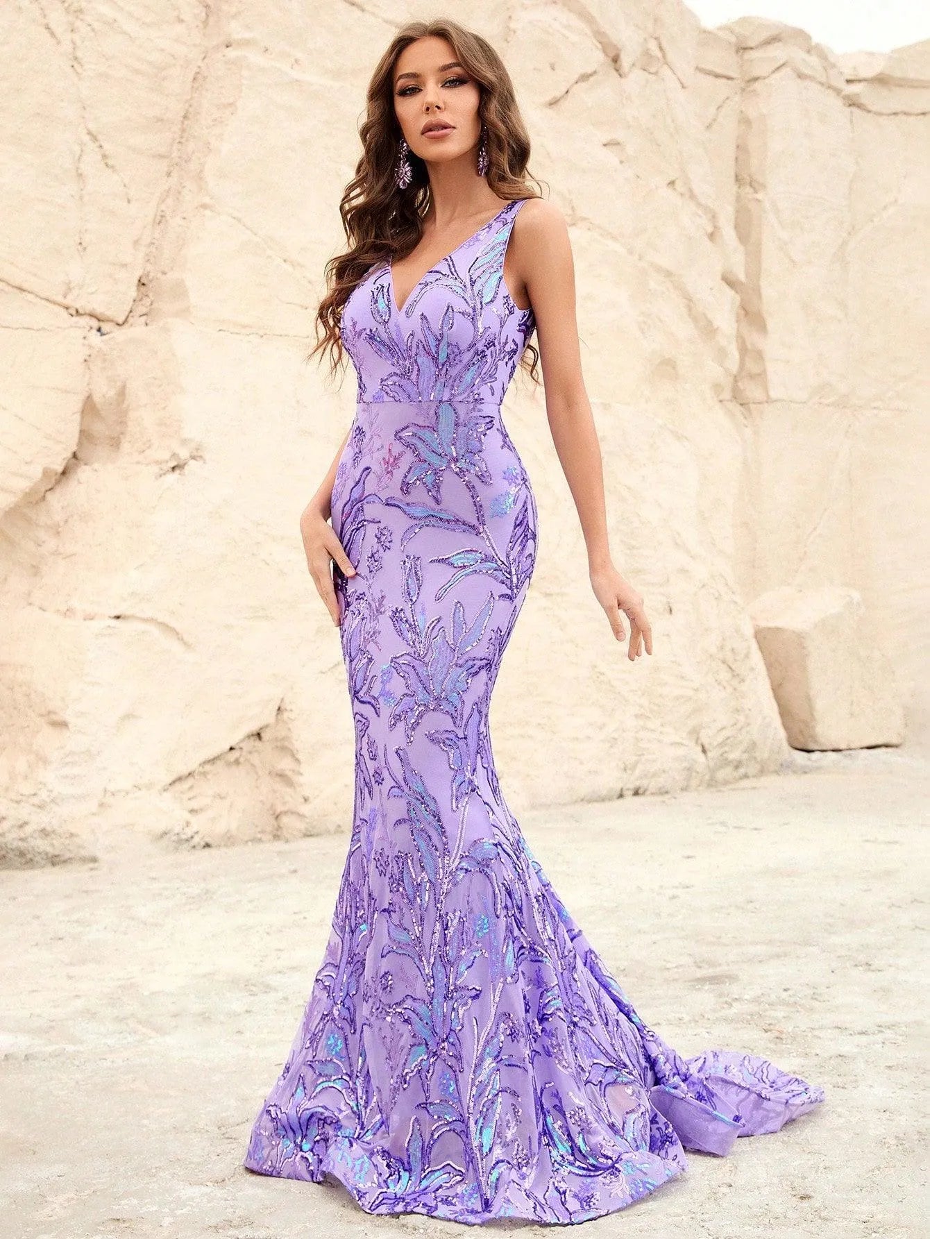 Floral Sequin Backless Mermaid Dress