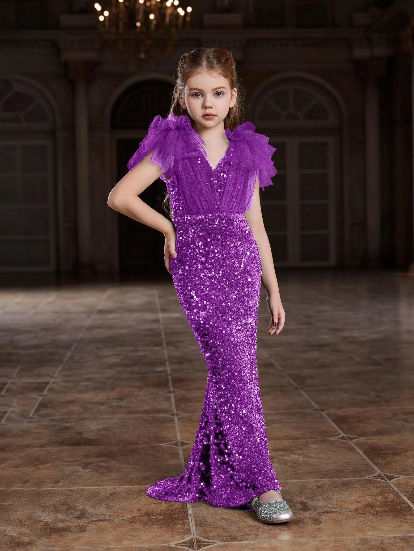 Tween Girls' Cloak Sleeves Sequin Mermaid Hem Dress