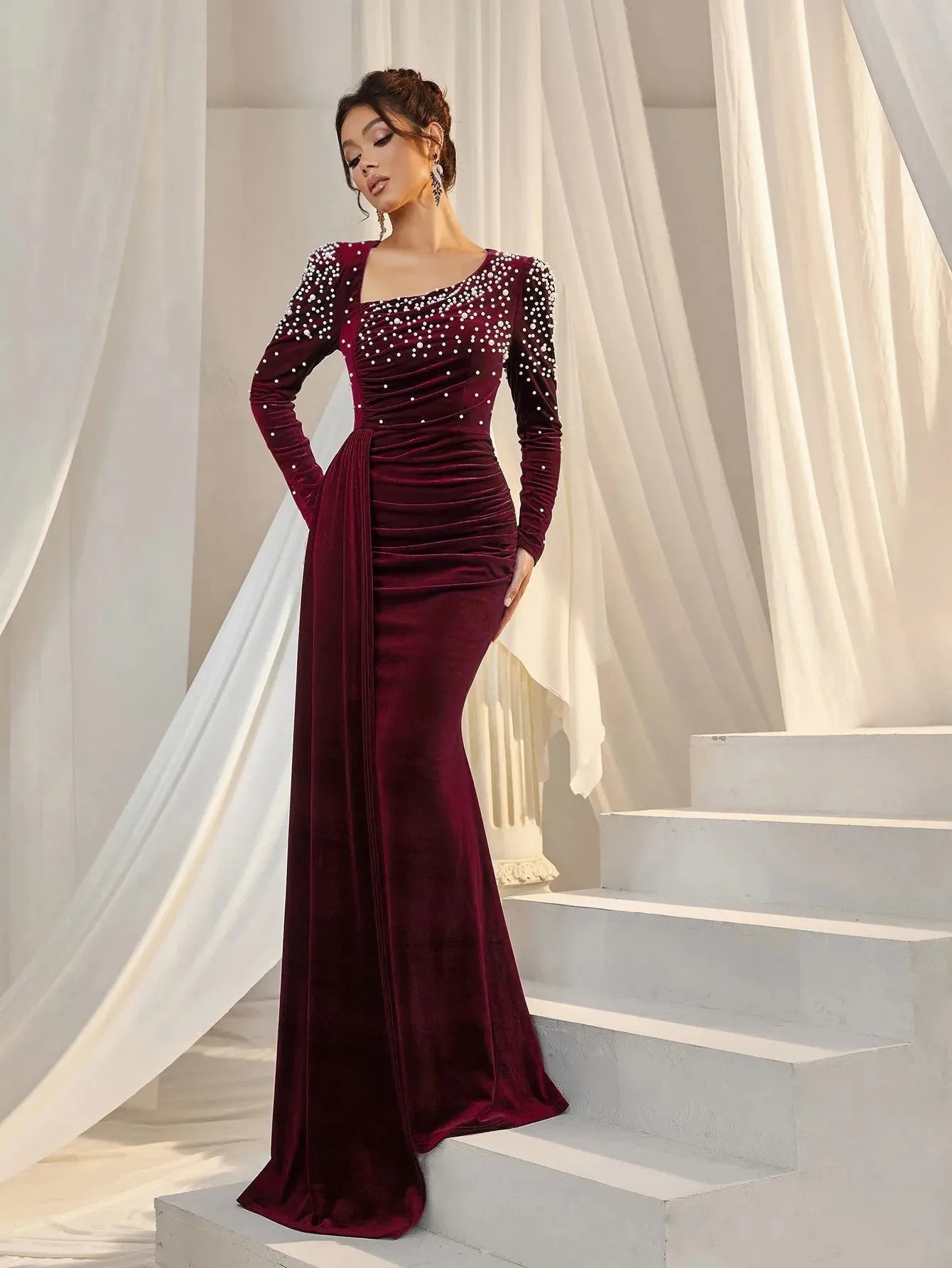 Elegant Pearl Embellished Diagonal Neck Mermaid Hem Velvet Evening Dress