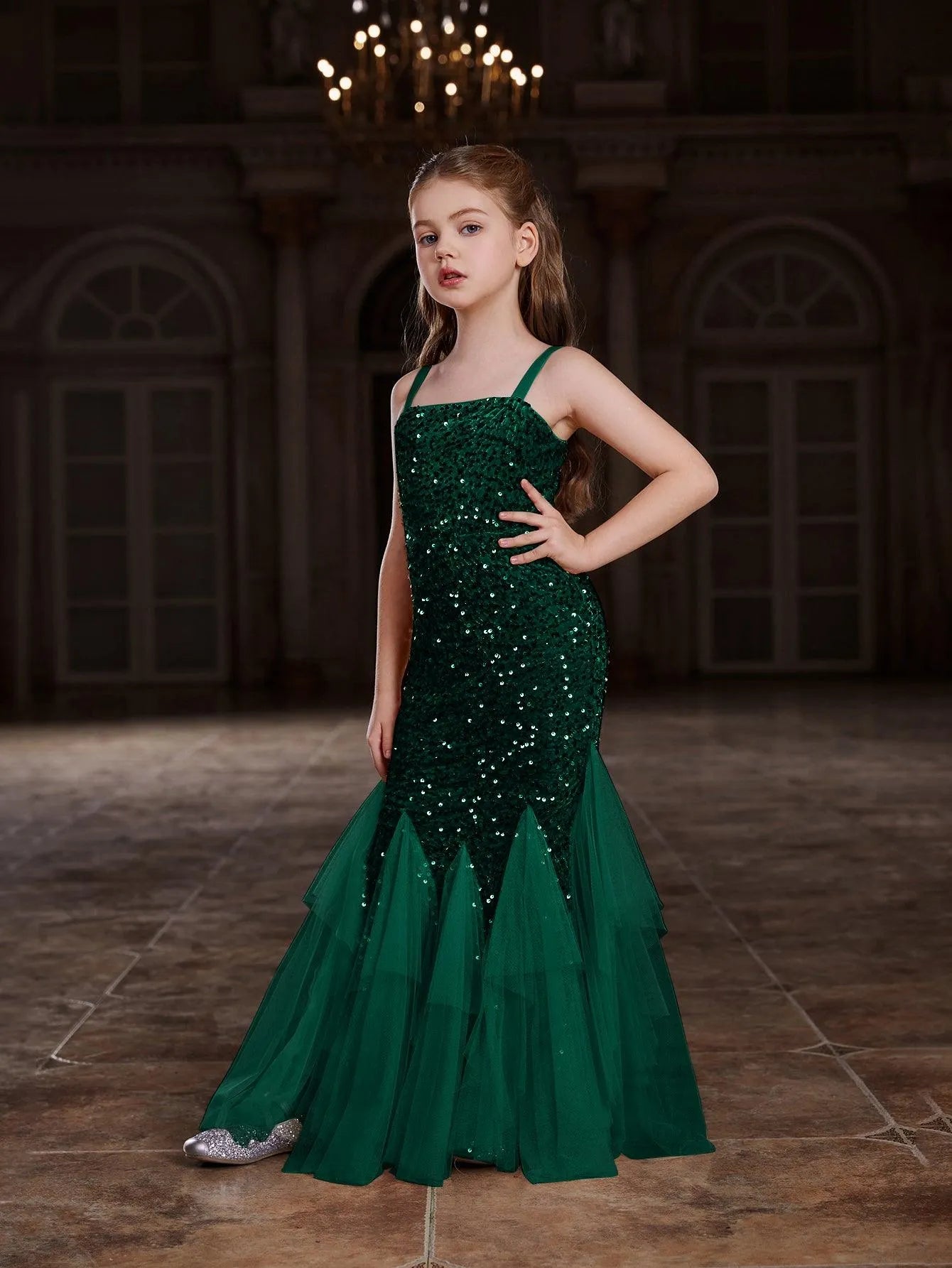 Tween Girls' Sleeveless Mesh Overlay Sequin Mermaid Party Dress