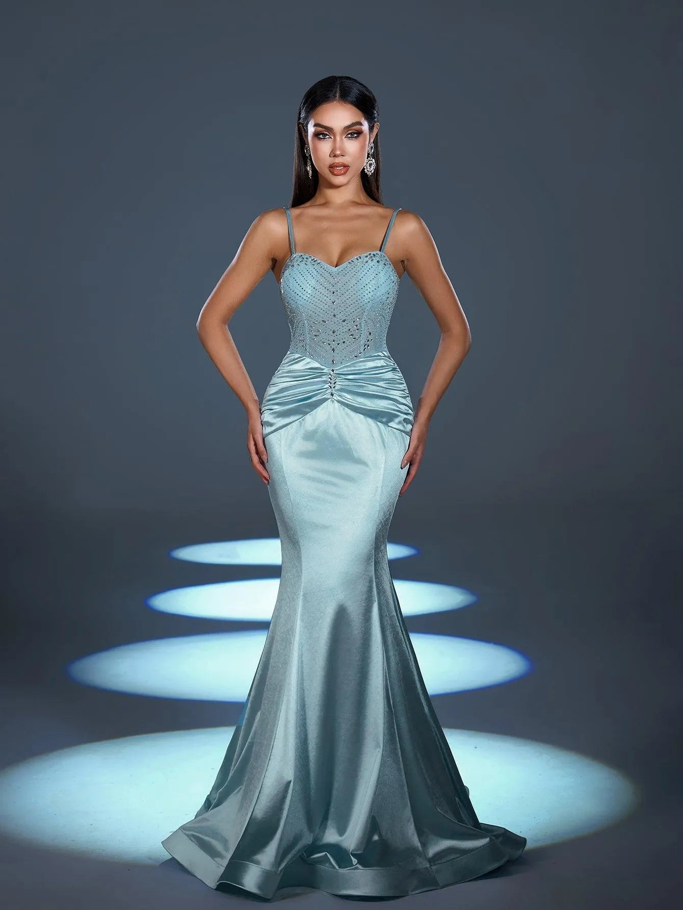 Rhinestone Detail Spaghetti Straps Satin Mermaid Dress