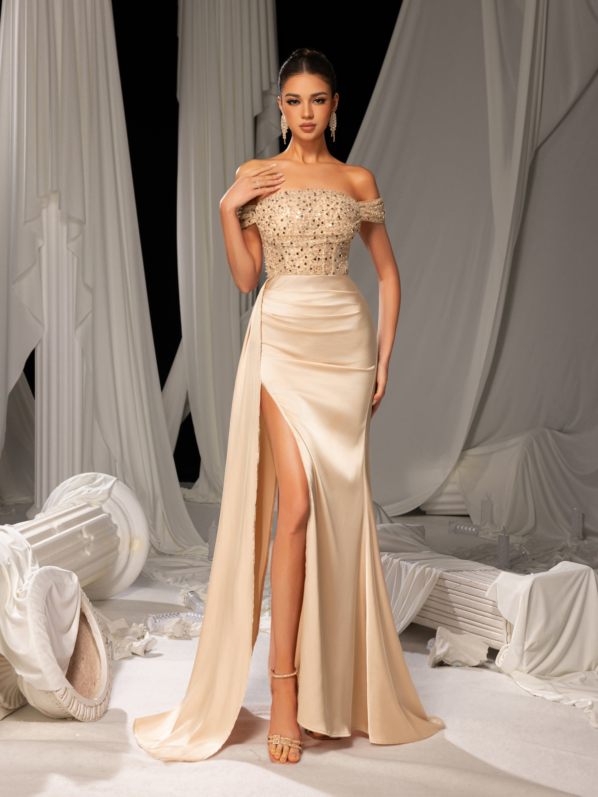 Elegant Off-Shoulder Gown with High Slit & Beaded Bodice – Luxury Satin Evening Wear for Red Carpet, Formal Galas & Luxury Weddings, XS-XL