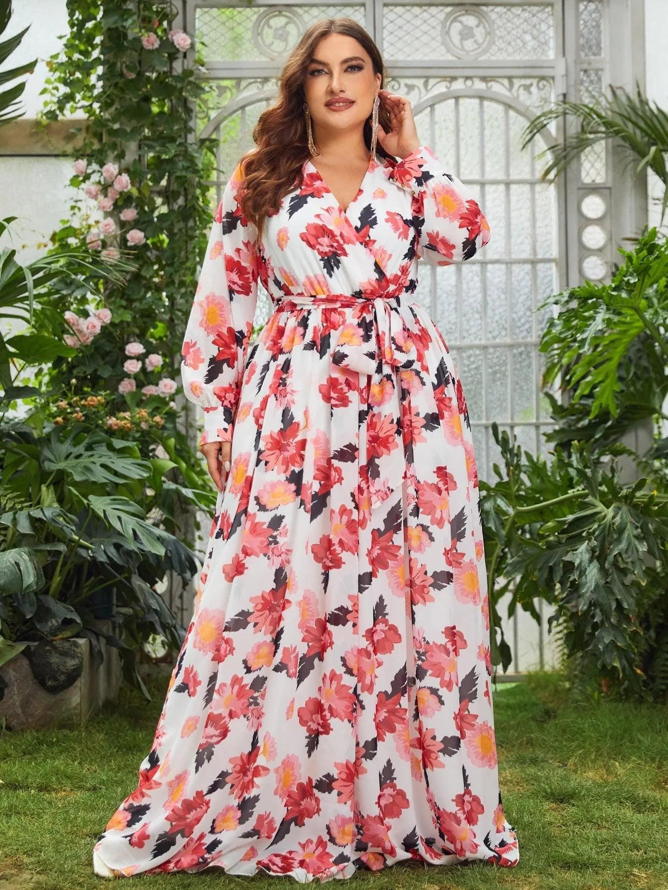 Plus Floral Elegance Long-Sleeve Maxi Dress