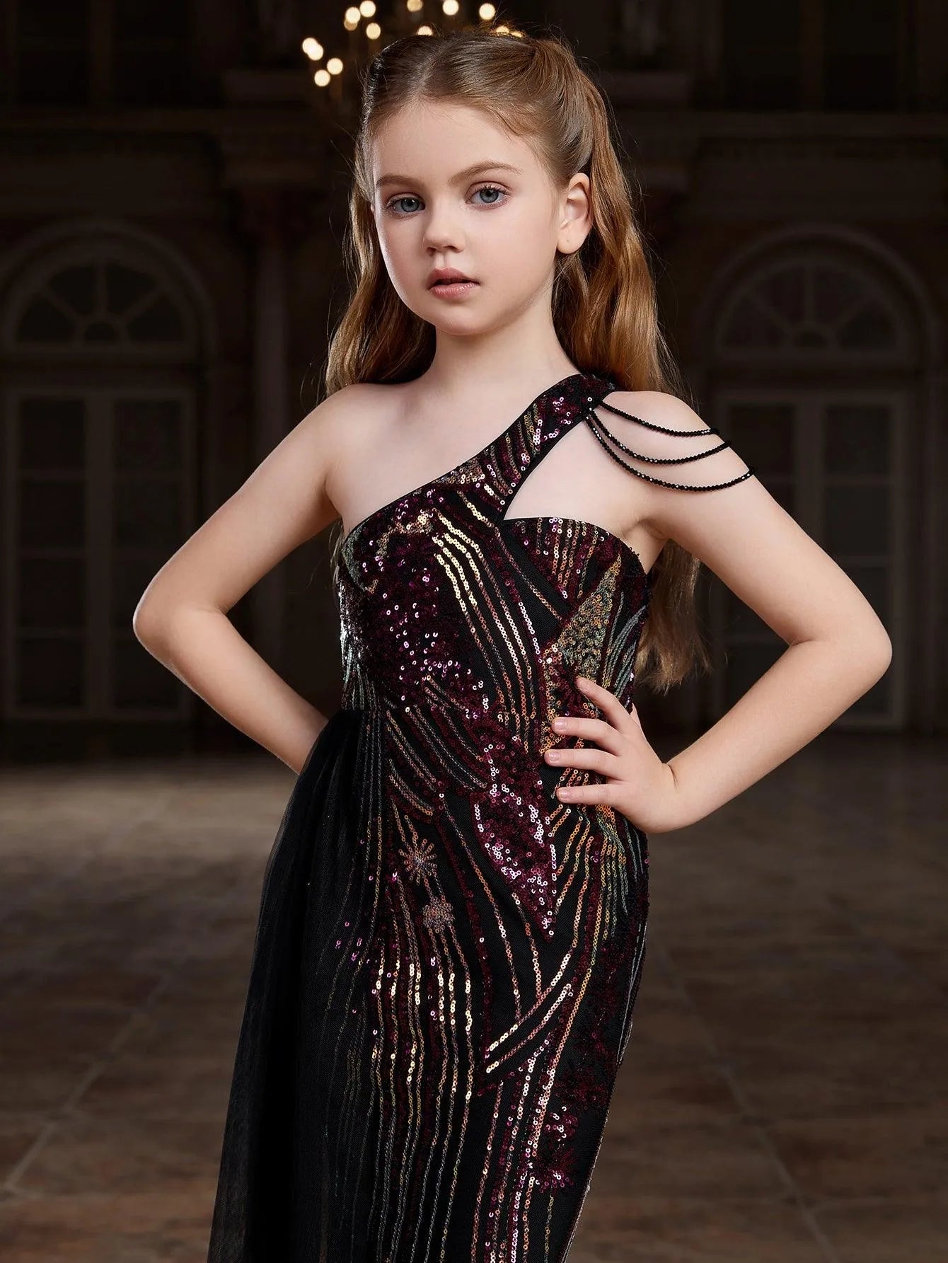 Tween Girls' One Shoulder Sleeveless Graphic Sequin Party Dress