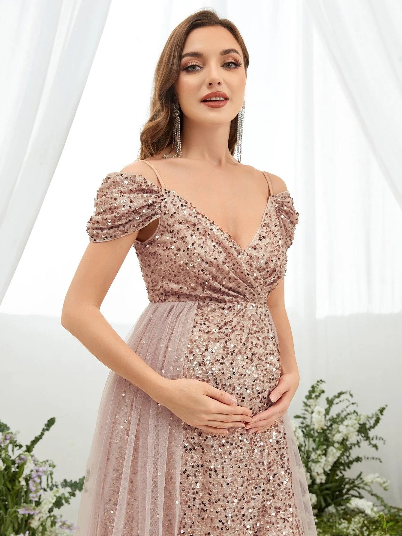 Maternity Cold Shoulder Contrast Mesh Sequin Cami Dress