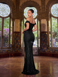 Off Shoulder Ruched Wrap Hem Sequin Dress
