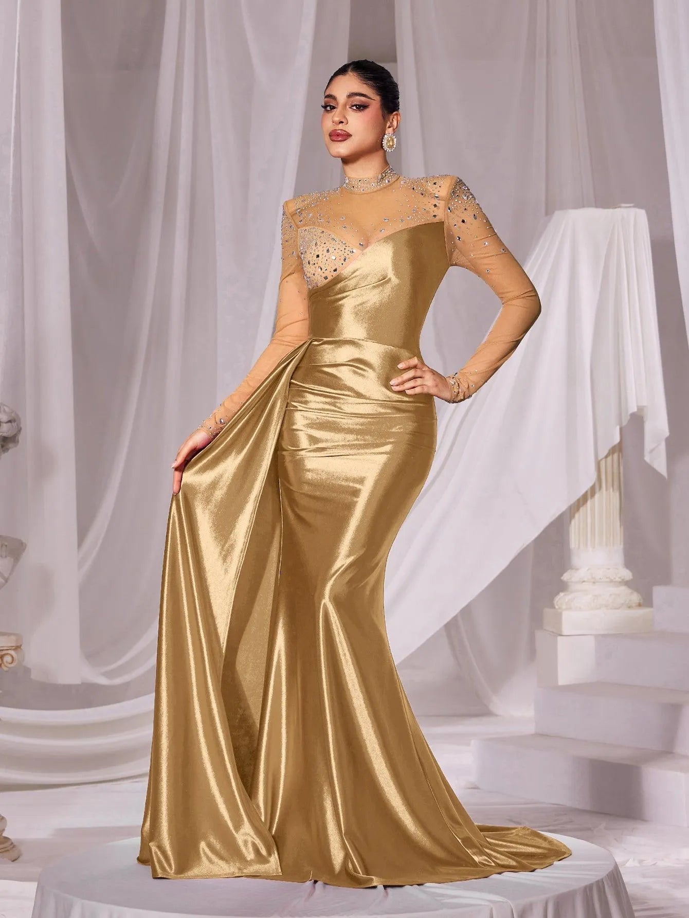 Rhinestone Detail Mock Neck Satin Mermaid Prom Dress