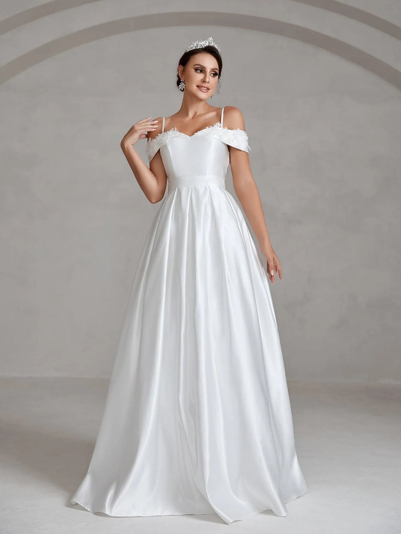 Floral Applique Cold Shoulder Satin Wedding Dresses