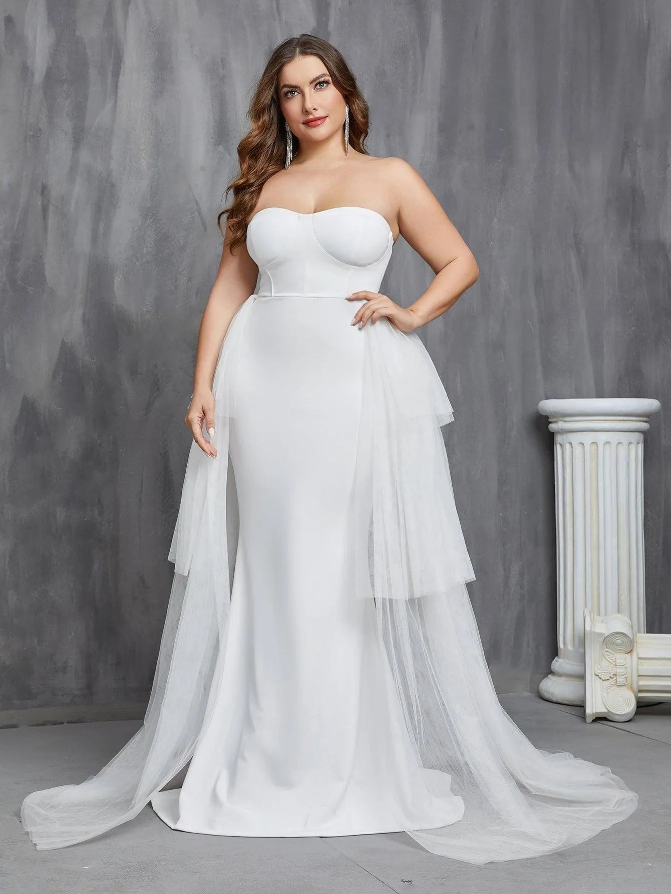 Plus Mesh Overlay Mermaid Hem Tube Wedding Dress