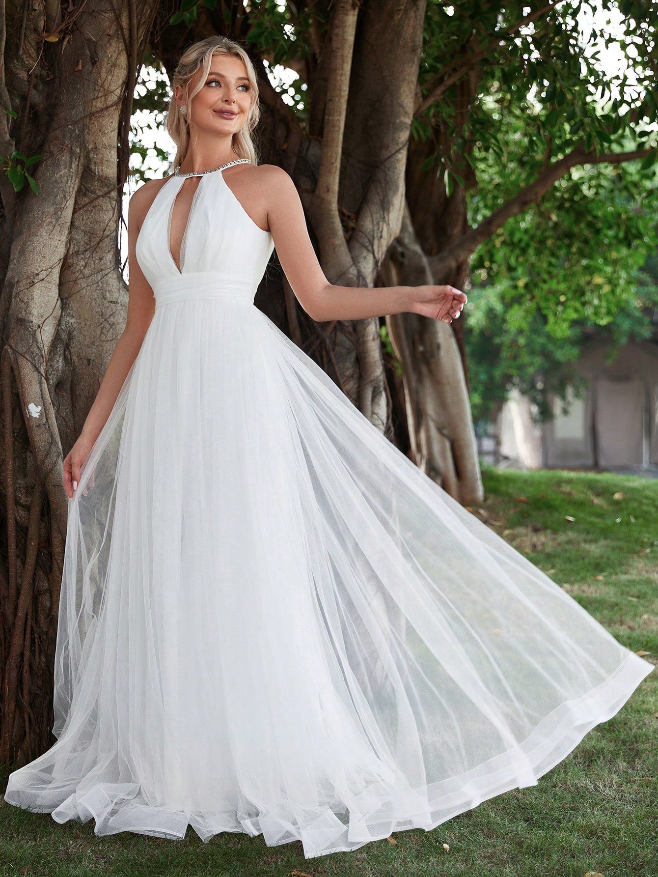 Halter Neck Cut Out Front  Mesh Wedding Dress