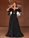Off Shoulder Puff Sleeves Sequin A Line Dresses - Elonnashop