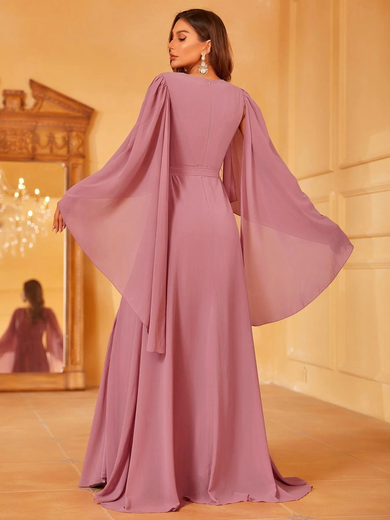 Solid Flounce Sleeve Chiffon Bridesmaid dress