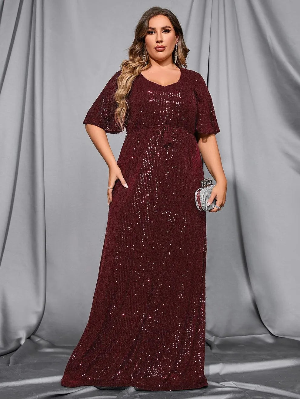 Plus Butterfly Sleeve Sequin Prom Dress