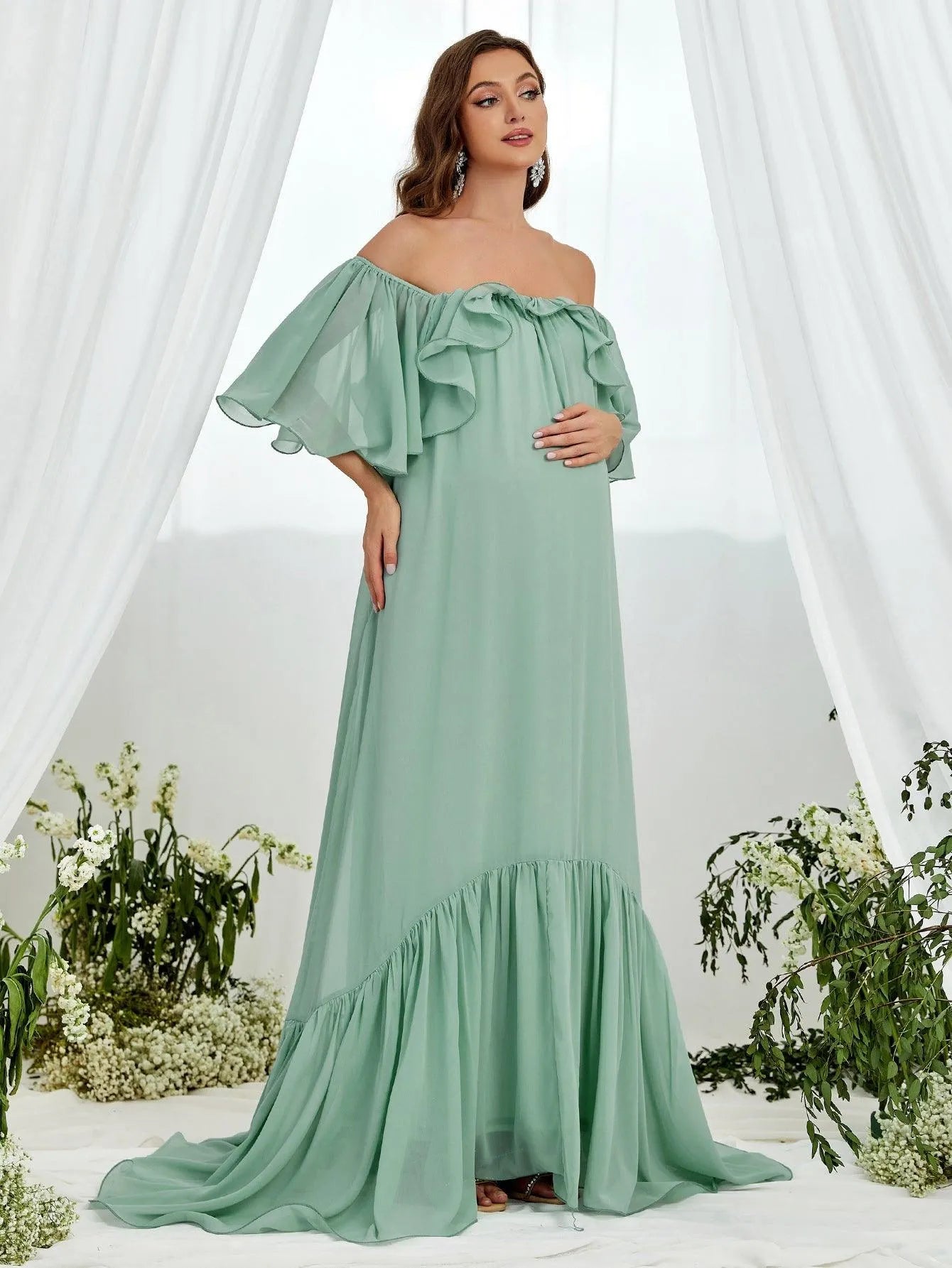 Faeriesty Maternity Off Shoulder Layered Ruffle Sleeves Chiffon Dress Green XL