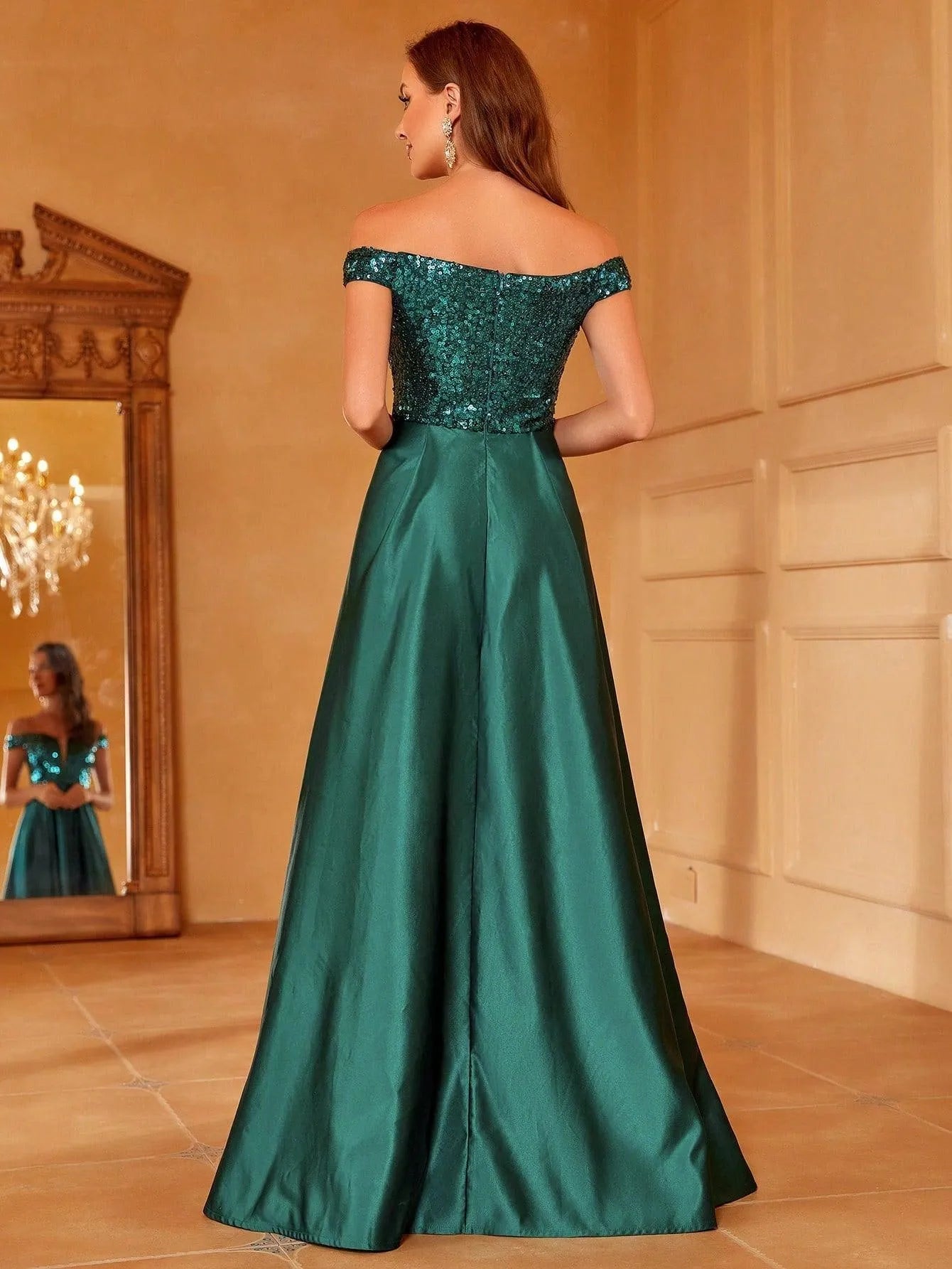 Off Shoulder Contrast Sequin Satin Prom Dress