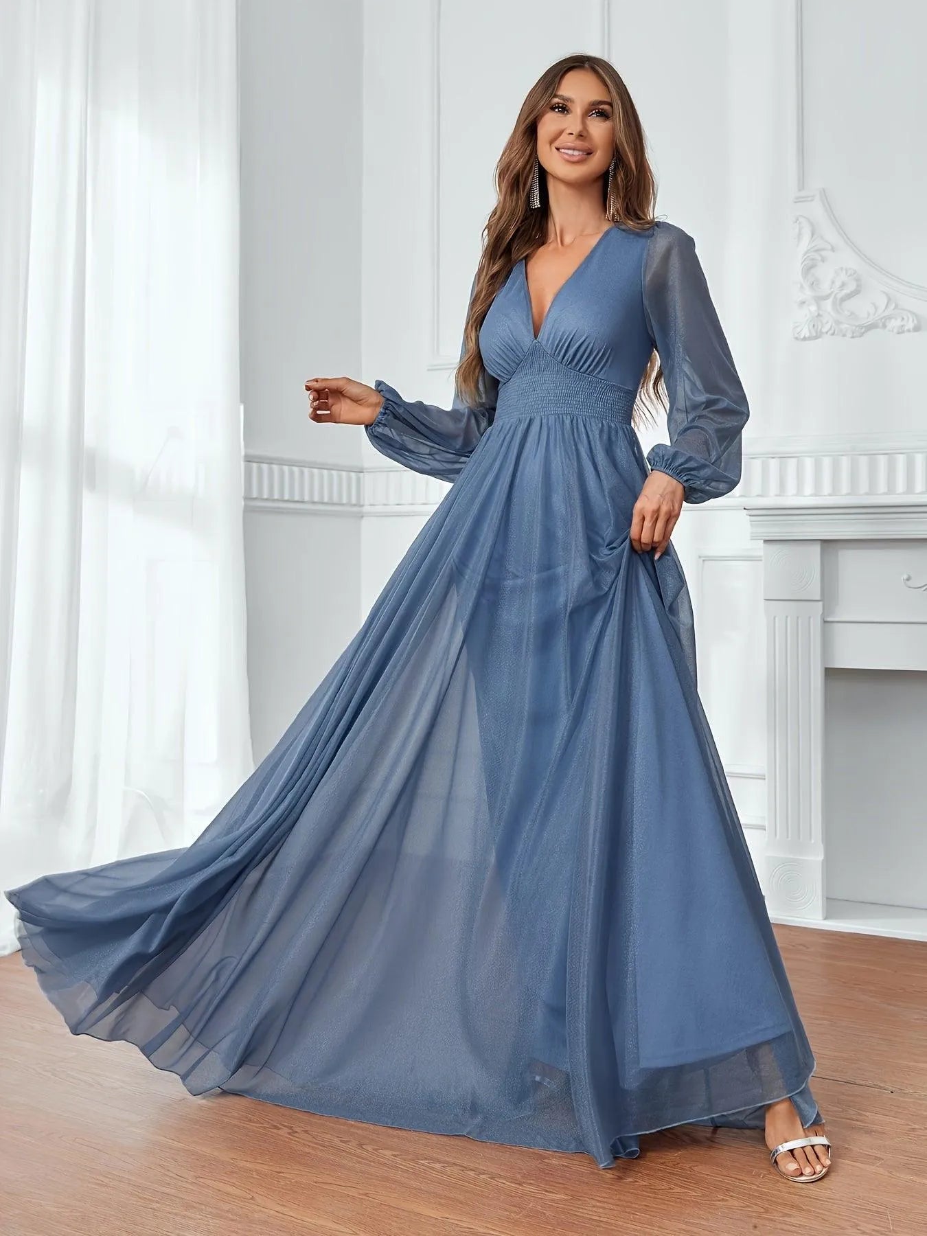 Elegant Shirred Waist Maxi A Line Dress