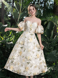 Midi Floral Jacquard Off-Shoulder Gown – Elegant Dress for Garden Galas, Spring Weddings & Formal Events