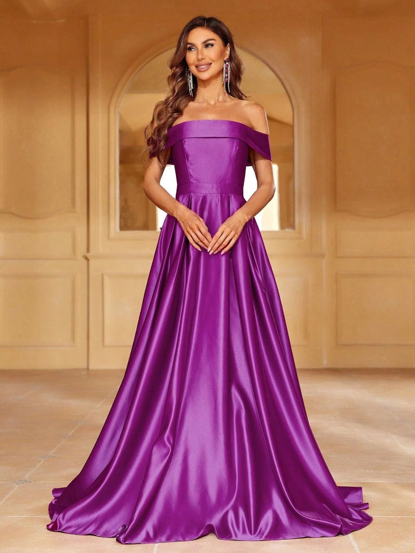 Off Shoulder Floor Length Satin A Line Dress