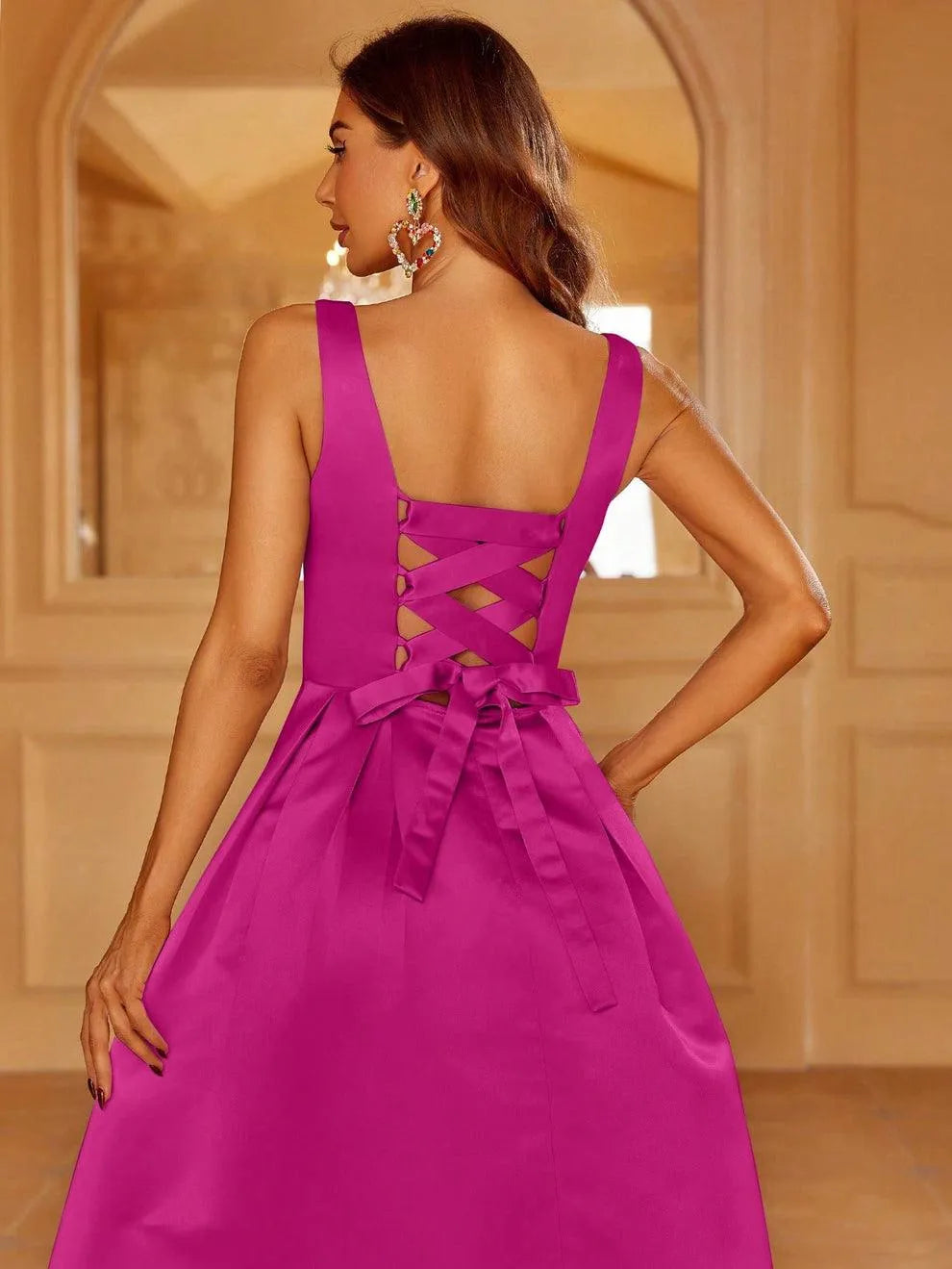 Square Neck Back Lace Up Satin A Line Dresses