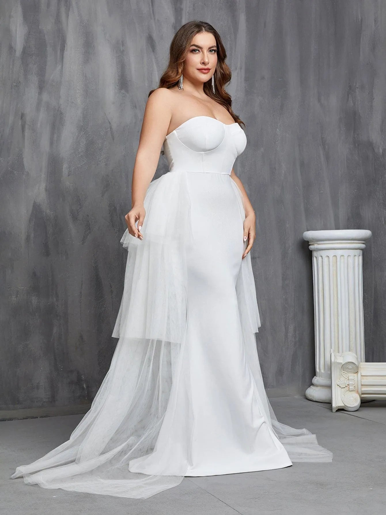 Plus Mesh Overlay Mermaid Hem Tube Wedding Dress